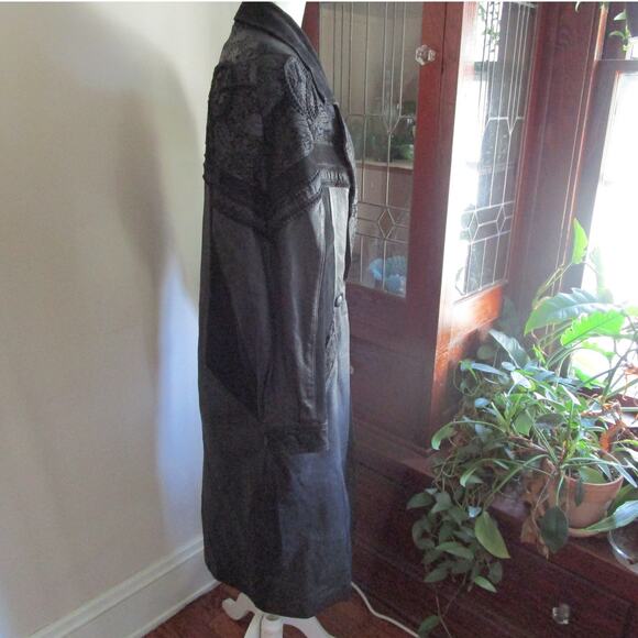 Vintage 80s/90s Wilsons Leather Maxi Trench Coat Embossed Paisley Braid Trim - Picture 5 of 17
